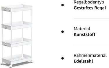 Полка на колёсиках с 4 уровнями 40x22x86 см, белая SPACEKEEPER