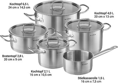 Набор кастрюль из нержавеющей стали премиум-класса 5 предметов KLAMER