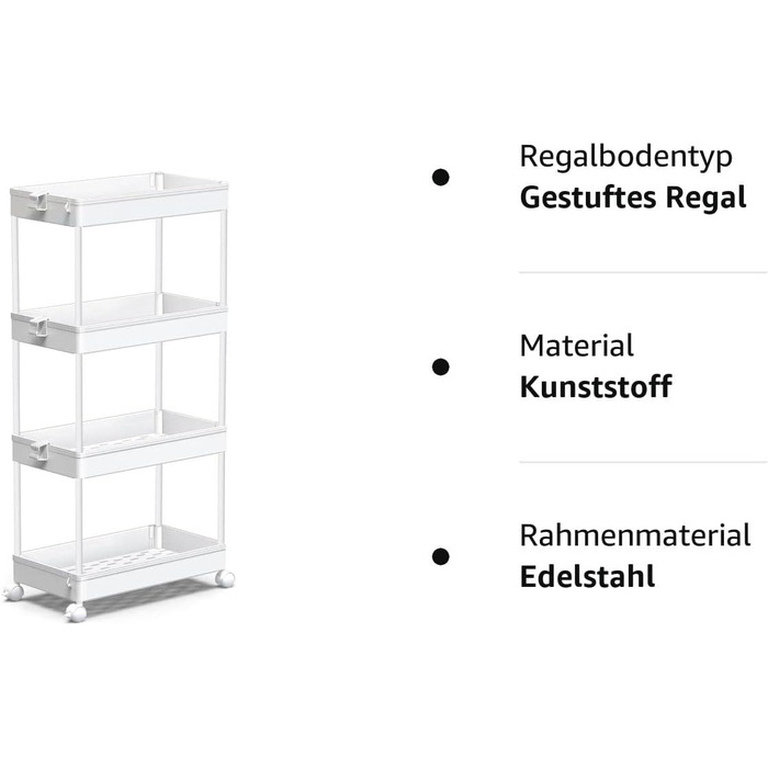 Полка на колёсиках с 4 уровнями 40x22x86 см, белая SPACEKEEPER