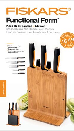 Набор Fiskars Bamboo Design 5 ножей из нержавеющей стали, с подставкой из бамбука